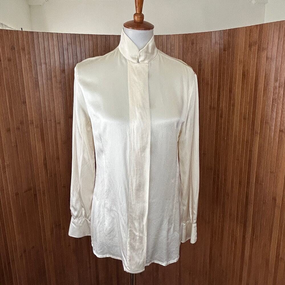 Vintage 80s 90s St. John Silk Mandarin Collar Blouse Italy Sz 8
